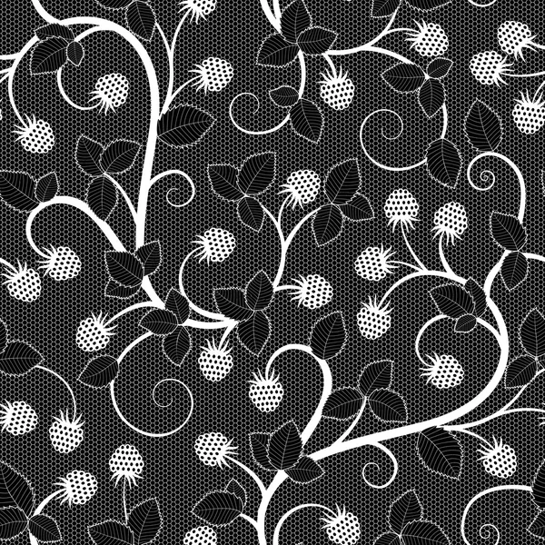 Seamless lace pattern with raspberry on black background — Stock Vector