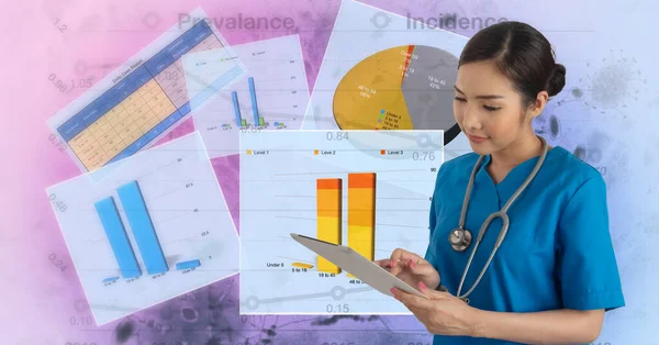 Female doctor work for data analysis on digital tablet with results shown by tables and chart behind.