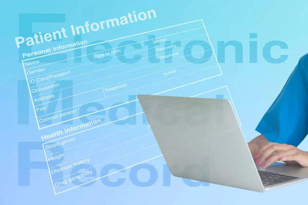 Female Doctor Working Notebook Computer Blank Form Electronic Medical Record — Stock Photo, Image