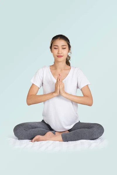 Isolated Photo Woman Eye Closed Sitting Floor Put Her Hands — Stockfoto