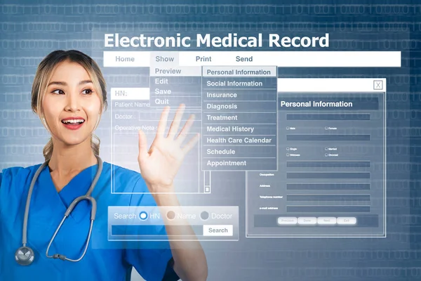 Female Doctor Display Screen Showing Electronic Medical Record Blue Binary — Stock Photo, Image