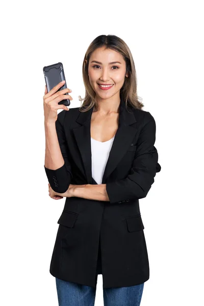 Businesswoman Black Suit Put Her Hand Showing Back Smartphone Hand — Photo