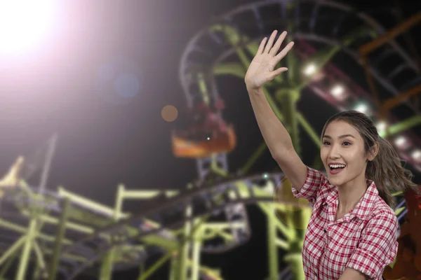 Beautiful Woman Enjoy Rides Exciting Roller Coaster Festival Light Night — Stock Photo, Image