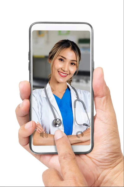 Patients Contact Doctor Mobile Phone Medical Advice Someone Hand Holding —  Fotos de Stock