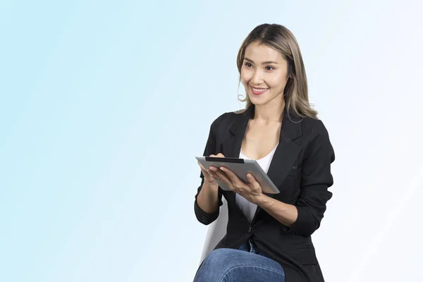 Studio Shot Businesswoman Black Suit Holding Digital Tablet While Sitting — Photo