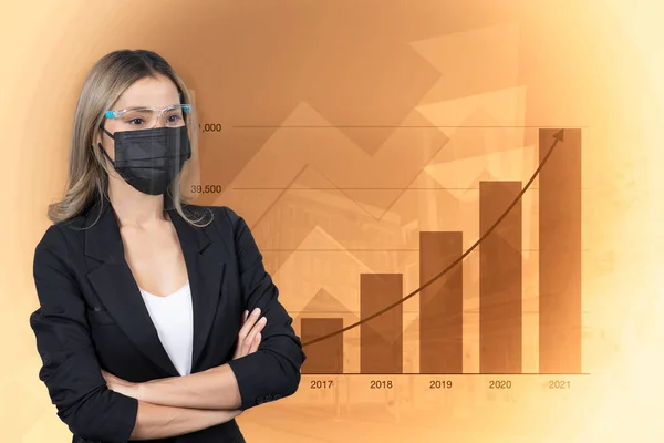 Businesswoman wearing face shield and mask standing with her arms crossed with business chart behind.