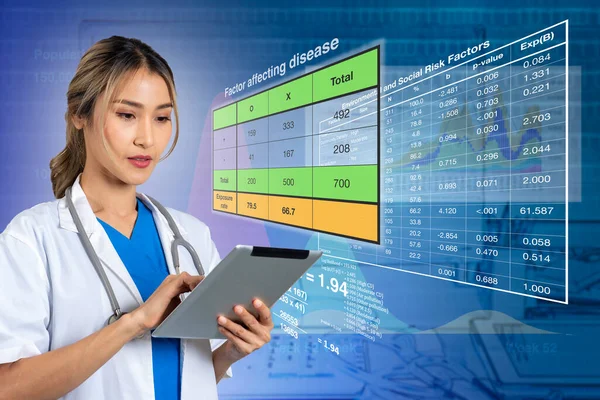 Picture of female doctor uses digital tablet in her hand to analyze medical research data with table of analysis results on background.