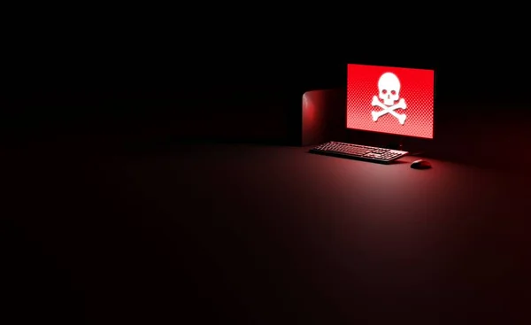 Cybercrime, piracy and data theft. Network security breach. Compromised computer showing skull and bones symbol. Digital 3D rendering concept.