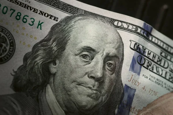 One Hundred Dollar Bill Showing Face Benjamin Franklin Extreme Macro — Stock Photo, Image