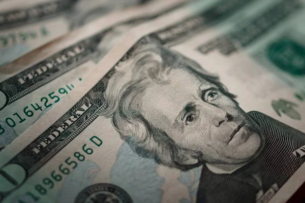 Several Twenty Dollar Bills Showing Face Andrew Jackson Extreme Macro — Stock Photo, Image