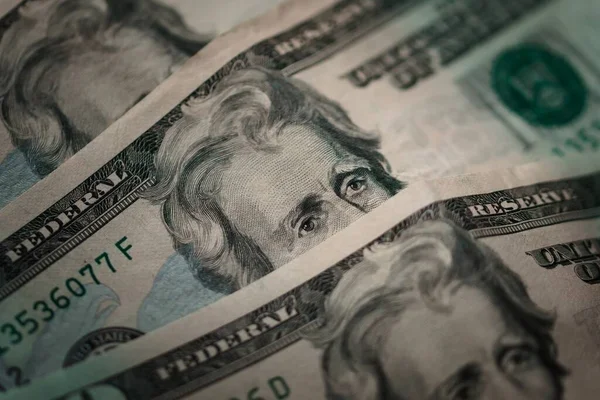 Several Twenty Dollar Bills Showing Face Andrew Jackson Extreme Macro — Stock Photo, Image