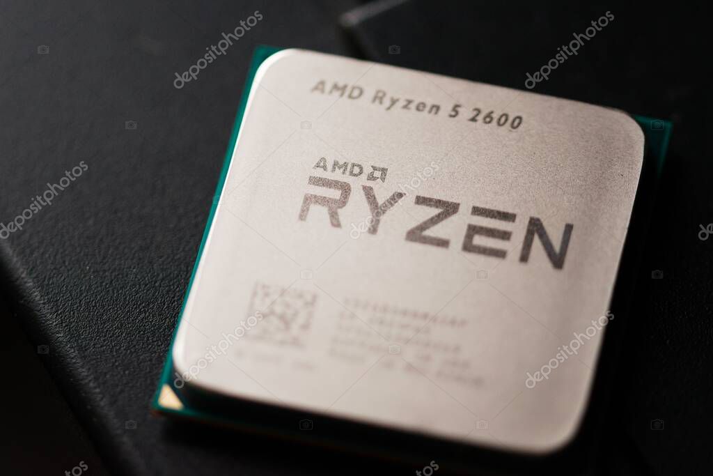AMD Ryzen 5 2600 computer processor. Macro close up with black background.