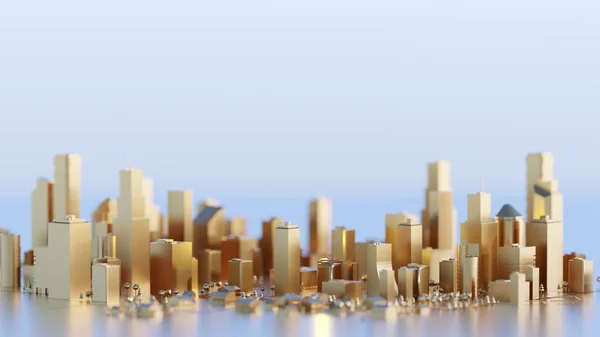 Чистый Современный Золотой Город Небоскребами Абстрактное Понятие Цифровая Рендеринг Стоковое Изображение