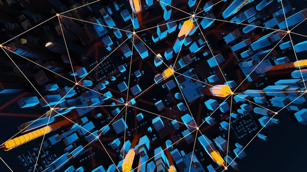 现代的 未来派的智能城市 互联网 分散式网络的抽象概念 数字3D渲染 — 图库照片