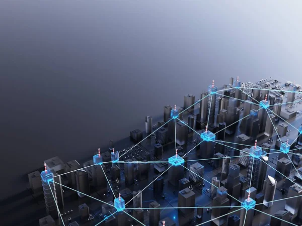 現代的で未来的なスマートシティ インターネット 分散型ネットワークの概念 抽象的な背景 デジタル3Dレンダリング ストックフォト