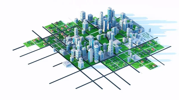 Чистый Современный Город Высокими Зданиями Парками Зелеными Насаждениями Цифровая Рендеринг Лицензионные Стоковые Изображения