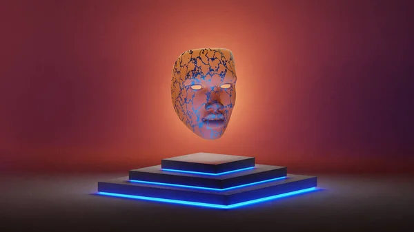 Abstract Cyberpunk Background Translucent Mask Metallic Linings Floating Pedestal Blue — Stockfoto