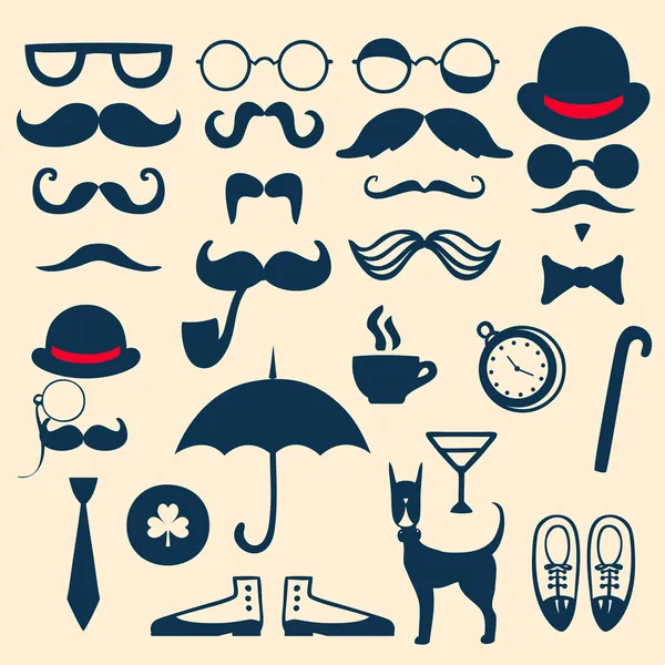 Retro bıyıkları, gözlük, şapka, şemsiye ve diğerleri ile ayarla — Stok Vektör