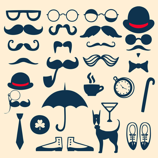 Retro set with mustache, glasses, hats, umbrella and others