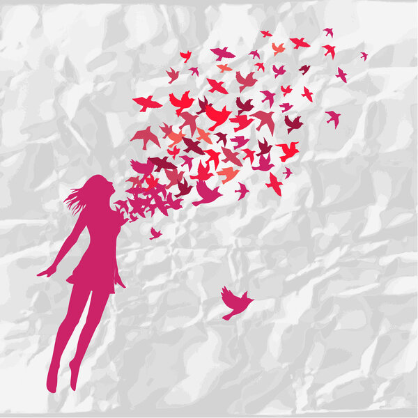 The girl jumping with swarm of birds.