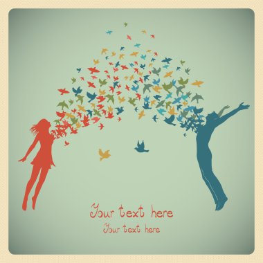 kız ve erkek kuş sürüsü ile atlama.