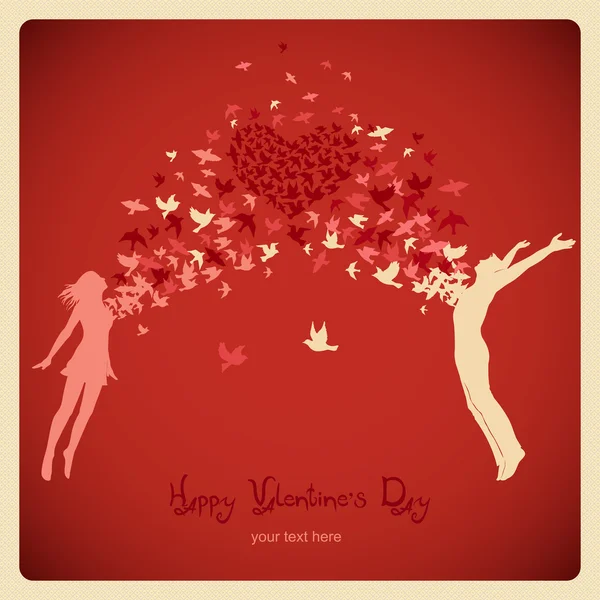 Girl and boy jumping with swarm of birds. Valentine's Day card — Stock Vector