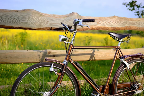 Old vintage brown bicycle near the fence of a flower field — Stock Photo, Image