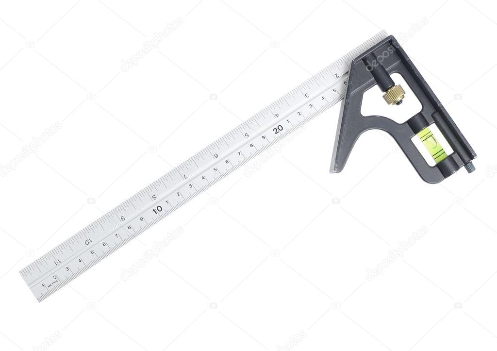 Metal ruler with level indicator isolated on white