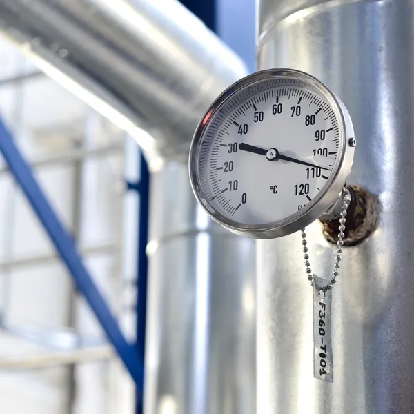 Industrial thermometer in boiler room — Stock Photo, Image