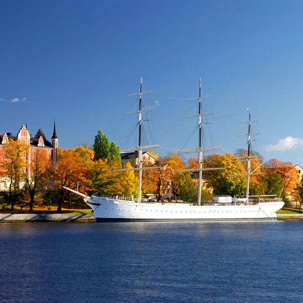 Vita fartyg hamnen i stockholm stad. Sverige — Stockfoto