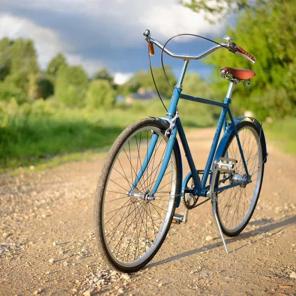 Vecchia bicicletta blu vintage su una strada in una zona rurale — Foto Stock