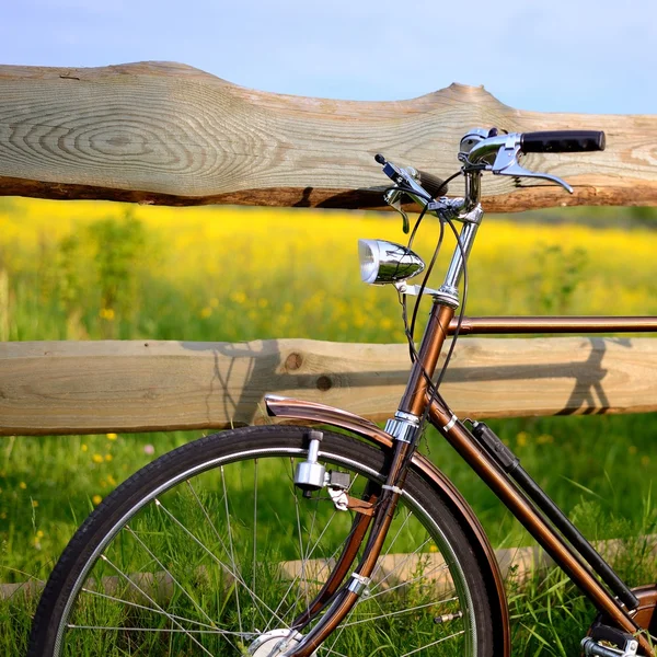 Старый винтажный коричневый велосипед возле забора цветочного поля — стоковое фото