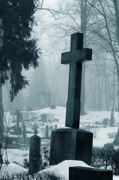 Хрест у тумані на цвинтарі — стокове фото