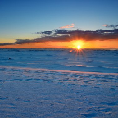karlı Baltık Denizi sahilinde renkli günbatımı