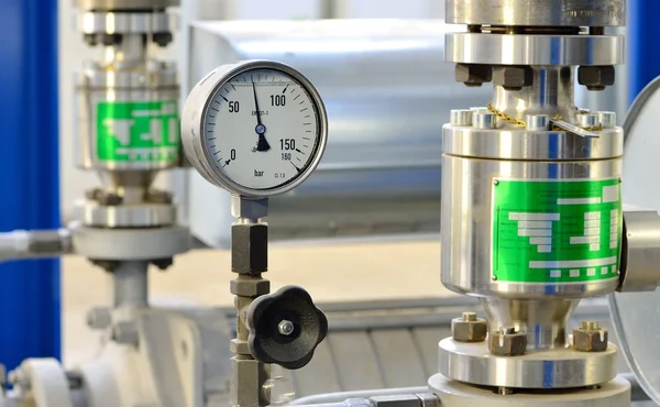 Industrial thermometer in boiler room — Stock Photo, Image