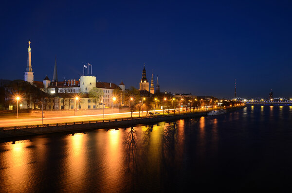 night panoramic scene in Riga, Latvia