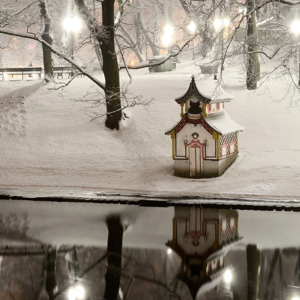 Riga park ve Çin evi ağaçlarda kar — Stok fotoğraf