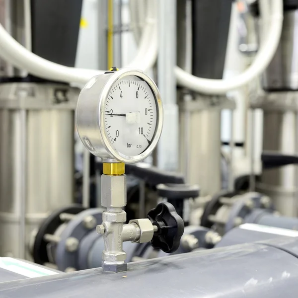 Industrial barometer in boiler room — Stock Photo, Image