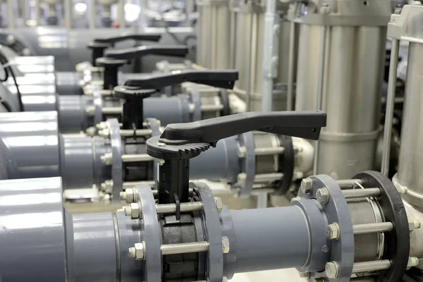 New shiny pipes in industrial boiler room — Stock Photo, Image