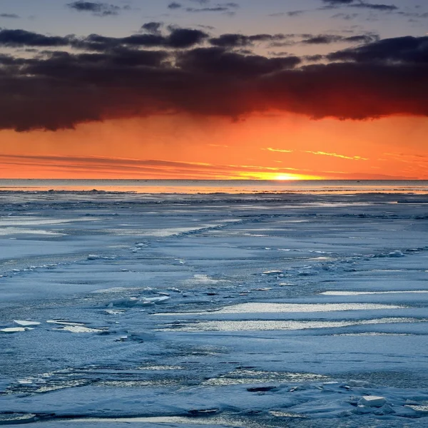 Colorful sunset at the snowy Baltic sea shore — Stock Photo, Image