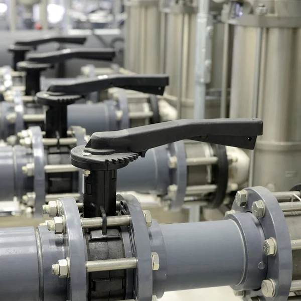 New shiny pipes in industrial boiler room — Stock Photo, Image