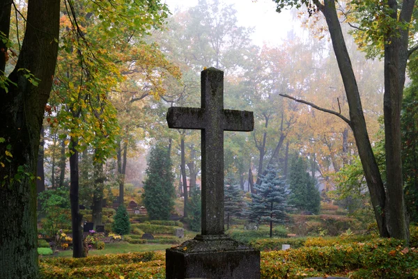 Croce nella nebbia al cimitero — Foto Stock