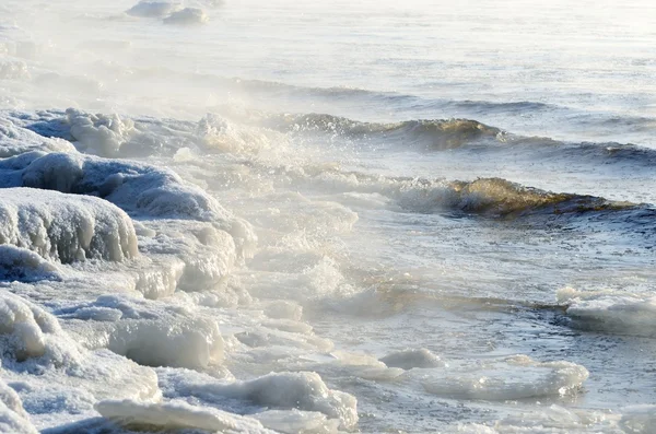 Dondurulmuş Deniz Manzaralı. buz gibi kıyı şeridi isabet dalgalar — Stok fotoğraf