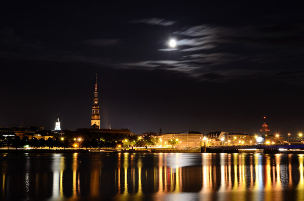 Night panoramic scene in Riga, Latvia