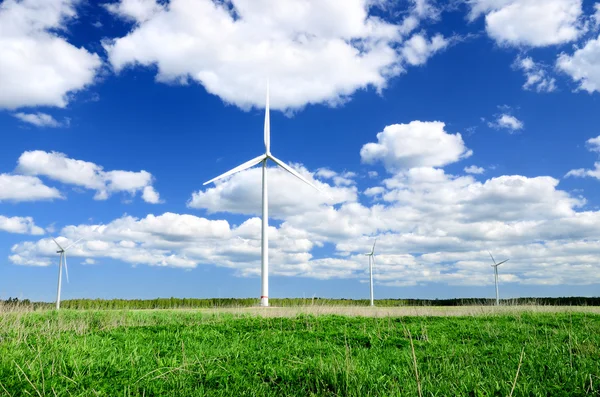 Tuulivoimalat niityllä sinistä taivasta vasten — kuvapankkivalokuva