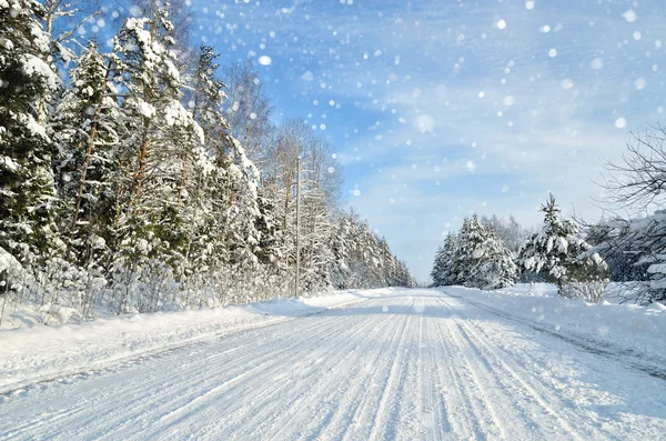 Route dans une campagne ensoleillée en journée d'hiver. Neige classique couverte — Photo
