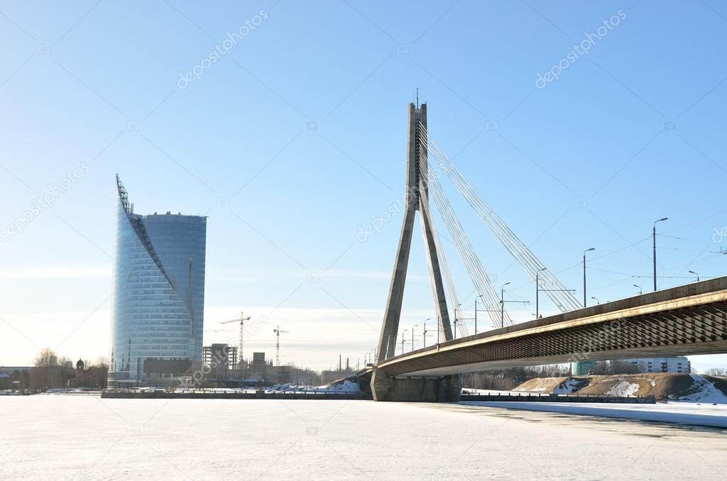 cable-stayed brige and buildings panorama in Riga, Latvia