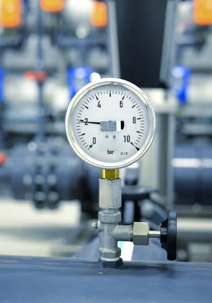 Industrial barometer in boiler room — Stock Photo, Image