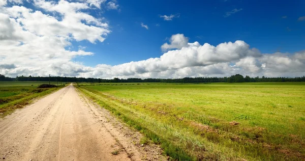 Road és a gabona a mező ellen a sötét, viharos felhők — Stock Fotó