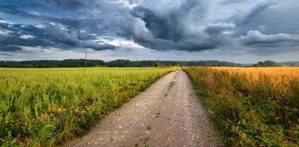 Campo de carretera y cereales contra nubes oscuras y tormentosas — Foto de Stock